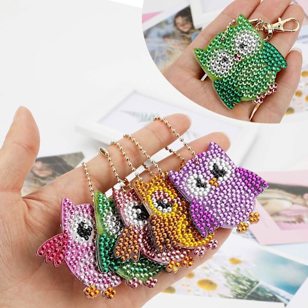 5 st DIY uggla diamantmålning nyckelringar, DIY 5D mosaikform diamantmålning nyckel [DB]