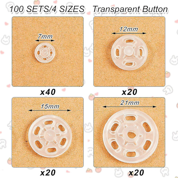 100 par tryckknappar - transparenta, DIY-knappar