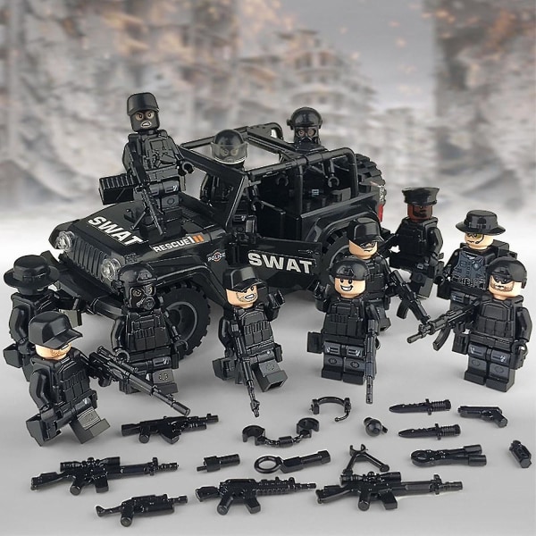 1 sæt sorte politibygninger Klodser Militær Swat Teams Figur Sæt Bypoliti Model Byggeklodser [DB]