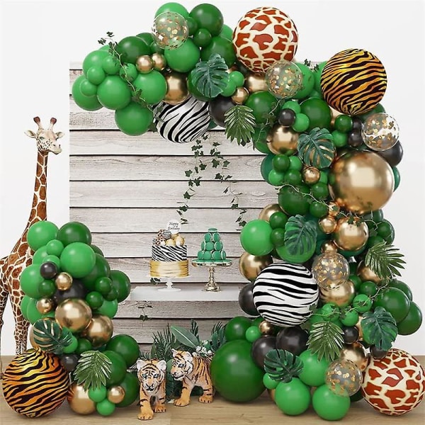 Jungle Balloon Garland set vihreillä, mustilla ja kultaisilla ilmapalloilla