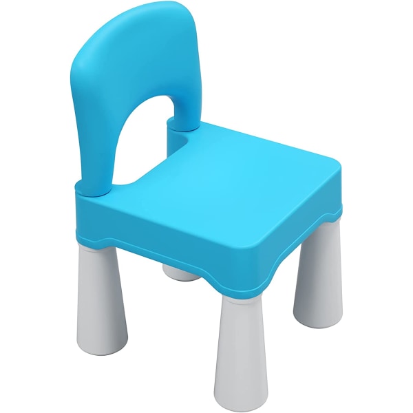 Barnestol i plast, slitesterk og lett, høysete, innendørs eller utendørs, egnet for gutter og jenter fra 2 år