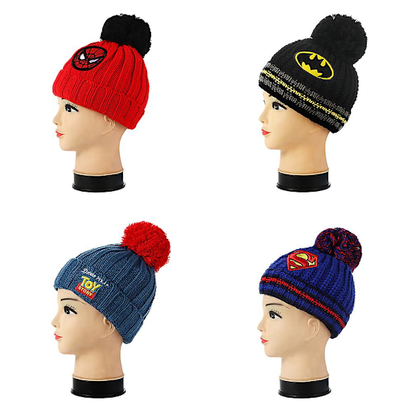 Børne Udendørs Termisk Tyk Strikket Bobble Hat Tegneserie Batman Superman Toy Story Spiderman Beanie Vinter Varmt Pom Pom Cap [DB] Spiderman