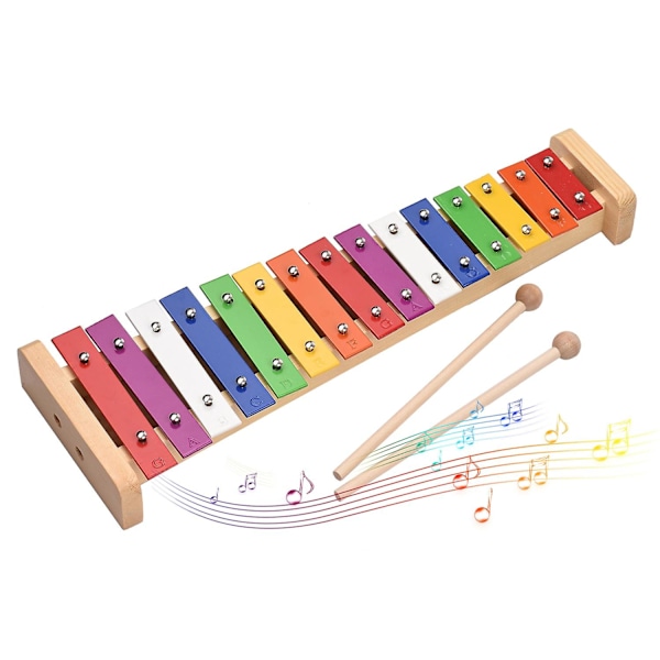 15-Note Glockenspiel Xylofon Træbase Farverige Aluminiumstænger med 2 Træhammere Edukativt Musikalsk DB