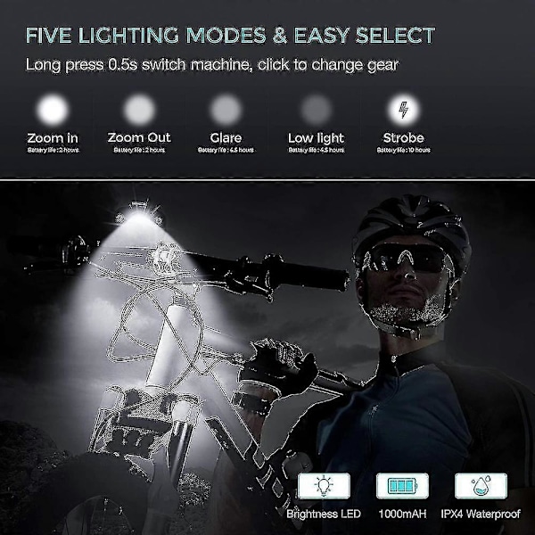 1000 Lumen USB Oppladbar Vanntett Sykkellykt Sett Super Sterk 5 Moduser qBK EEP [DB]
