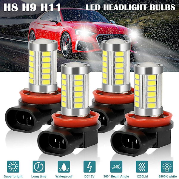 4x H11 H9 H8 LED-strålkastarsats Helljus/Halvljus Dimljus Körlampor 6500K Xenonvit [DB]