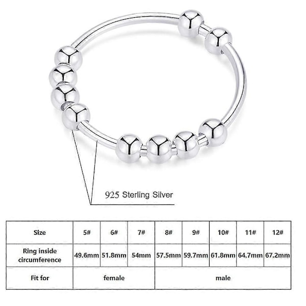 925 Sterling Sølv Anti Angst Ring For Kvinner Menn Fidget Ringer For Angst Angst Ring Med Perler Spinner Ring For Gave [db] 12