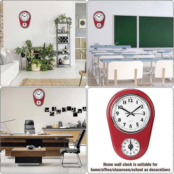 Retro Kökstimer Väggklocka, Röd Vintage Tyst Hemtimer [DB]