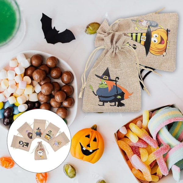 6 kpl Halloween säkkikangas kiristysnyörillä lahjakassit - Candy herkkupussit juhlatarvikkeille