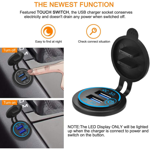 12v Usb-uttak, Dual Qc 3.0 Usb-billader med bryter, 36w Usb-vanntett strømuttak Lader(wi Adapter bare