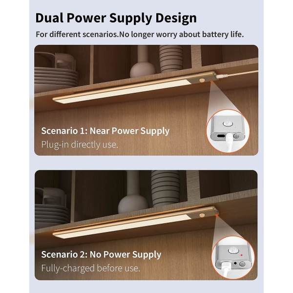 2 i 1 LED-köksbelysning under skåp, USB-laddningsbar och 5V DC-driven, 40 cm självhäftande rörelsesensorljusremsa, trådlös LED-list