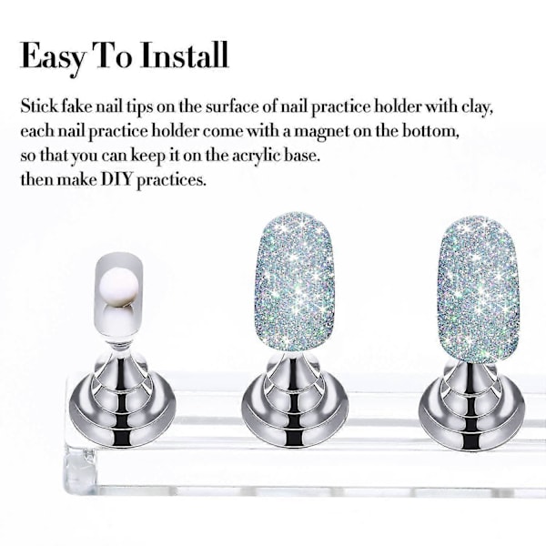 2 Set Akryl Nagelkonst Övningsställ Magnetiska Nagelspetshållare Tränings Fingerneglar Displayställ Gör-det-själv Nagel Kristallhållare [DB] Silver