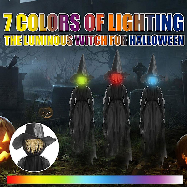 Halloween-koristeet ulkotiloihin, suuri valaistu käsi kädessä pitävä huutava noita, pelottava sisustus kotiin, ulkotiloihin, pihalle, nurmikolle, puutarhajuhliin