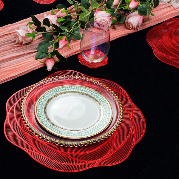 6 kpl Punaisia ​​pöytämatot ja lasinaluset puristettu vinyyli 15 tuuman ruusu pyöreä pöytämatot ruokapöytämatot Dinni