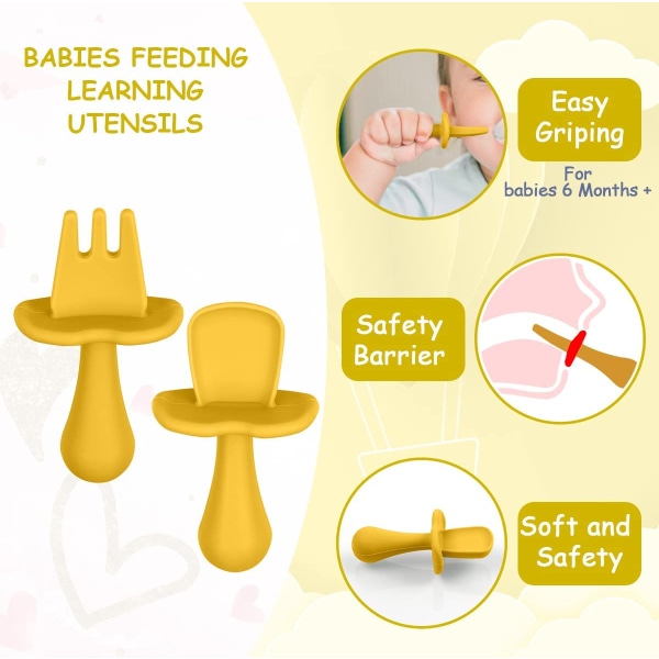 Baby haarukka ja set, 4 osainen baby silikoni itsesyöttyvät ruokailuvälineet Easy Grip toddler tarkoitettu set