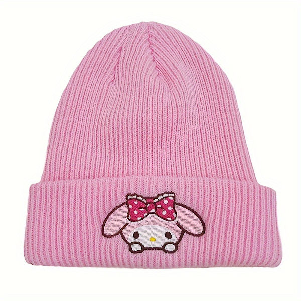 Sanrio Kuromi & Melody -kirjailtu pipo - Mukava puuvillasekoite neulottu pipo, joustava piirretty kallopipo naisille Black Melody