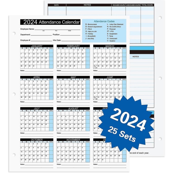 Vuoden 2024 läsnäolokalenterin työseuranta - kortit 8,5 x 11 kartongilla (25 arkin pakkaus) [DB]