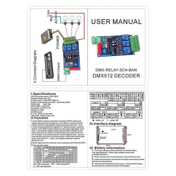 3ch Dmx 512 relæudgang, Led Dmx512 controllerkort, Led Dmx512 dekoder, relæ  [dB} As shown