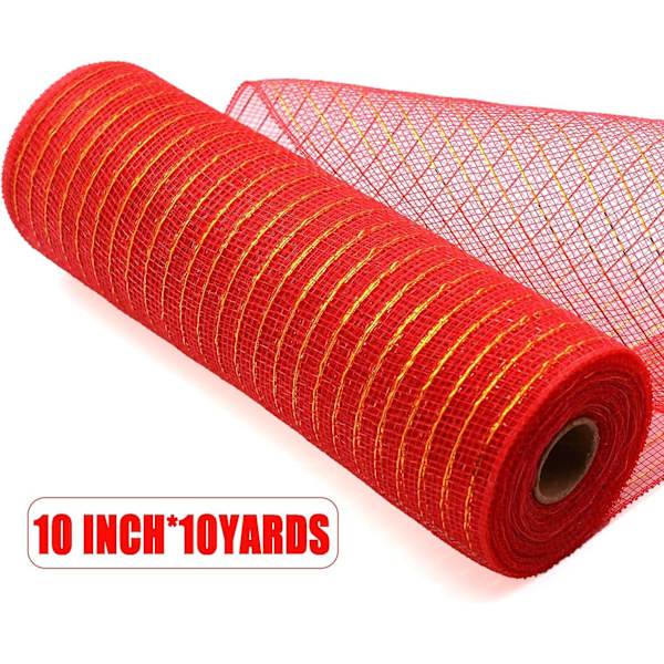 Deco Rød Poly Mesh Bånd Med Metallic Folie 10 Tommer X 30 Fod Hver Rulle