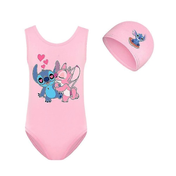 Lilo & Stitch Børn Piger Heldragt Badedragt Tegneserie Svømmedragt med Badehat Sommer Strand Ferie Pool Surf Skole Badetøj [DB] Pink 7-8 Years