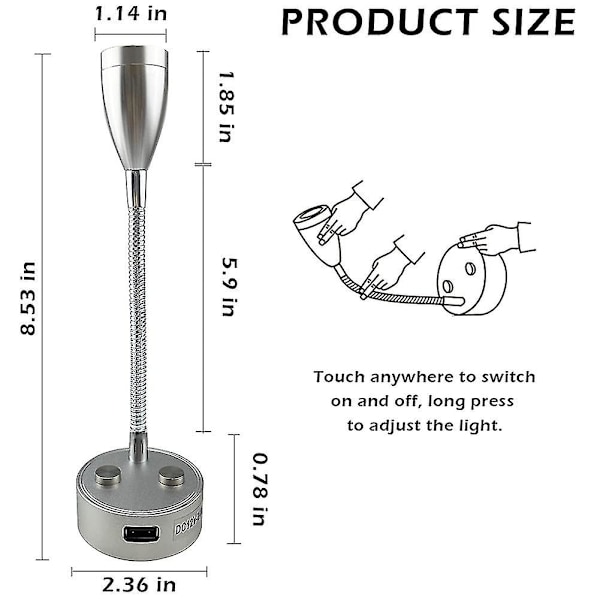 12v-24v LED-lukuvalo, himmennettävä asuntoauton lukulamppu USB-laturilla, asuntovaunun matkailuautoon perävaunuun asuntoauton sängyn viereen, 2 kpl - musta Db silver