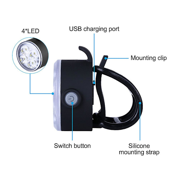 2 stk. Mini For- og Baglygte Sæt 4 LED USB Opladning Cykellygte 4 LED Forlygte Cykling Baglygte Cykeltilbehør {DB} 2 PCS White China