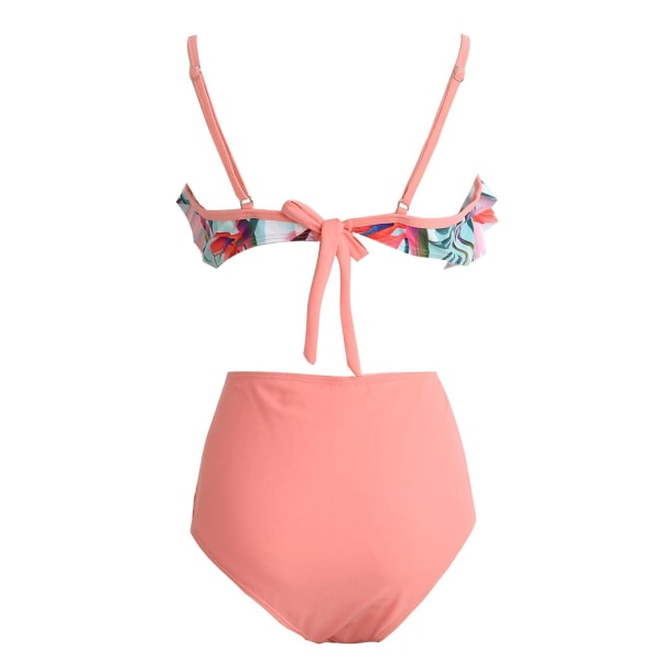 Bikini-set för damer, topp med volang, baddräkt med hög midja och volang, 2-delad baddräkt för kvinnor (rosa)
