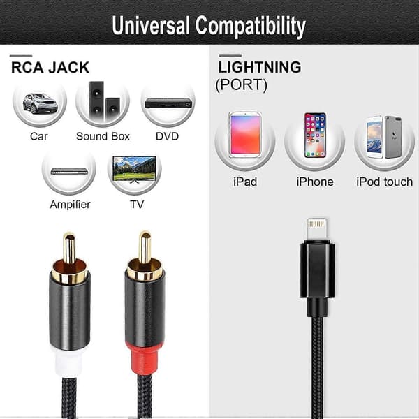 [Apple MFi-certifierad] Lightning till RCA-kabel Audio Aux Adapter 2-hane Y-splitter [DB]