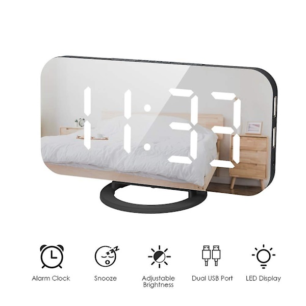 LED Digitalt Vækkeur med Stort Hvidt Skrift Display Spejl Overflade Snooze Funktion til Soveværelse Ch [DB] white