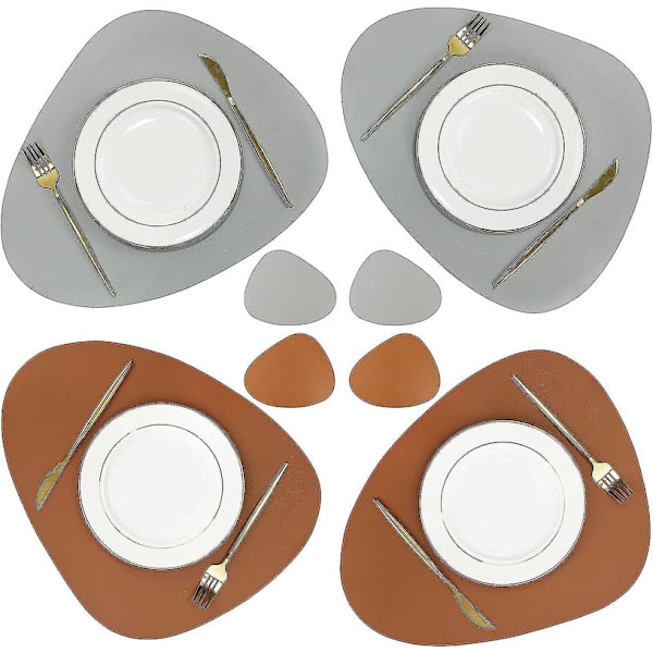 Sett med 4 skinnunderlag og coasters, vanntett vaskbar sklisikker bordmatte for innendørs kjøkken spisebord (brun/grå) db