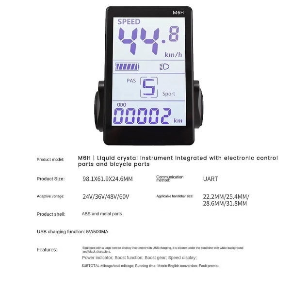 M6h Elsykkel LCD-skjerm Meter Dashboard 24v-60v Universal E Scooter Lcd-panelskjerm For Elec