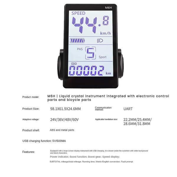 M6h sähköpyörän LCD-näyttömittari kojelauta 24v-60v universal E-skootterin LCD-paneelinäyttö sähkölle