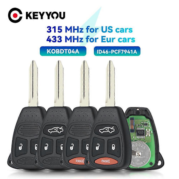 2/3/4 Knapper Fjernbetjent Bilnøgle Til Dodge Chrysler Jeep Dakota Durango Charger 300 Aspen Grand Cherokee 315/433mhz KOBDT04A [Db] 3 Buttons Panic