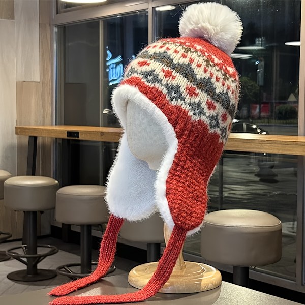 Cozy Vintage-inspireret Strikket Beanie med Øreklapper - Tyk, varm & blød til vintercykling, db Red
