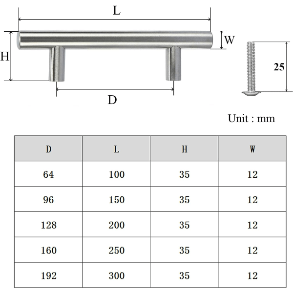 Rustfritt stål skap garderobe dør T-håndtak hul skuff håndtak (2 stk sølv 64mm)