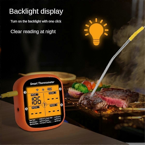 Trådløst Kjøtttermometer for Grill Røyk Ovn APP Digitalt Termometer med Fire Prober Smart BBQ Mattermometer [DB] Orange