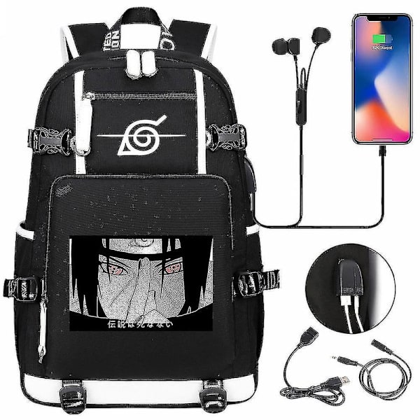 Anime Naruto Akatsuki Itachi Sharingan reppu USB-latauksella, lukiolaisille, koululaukut, tilavuus, matkalaukku, kannettava tietokone, olkalaukut DB MULTI