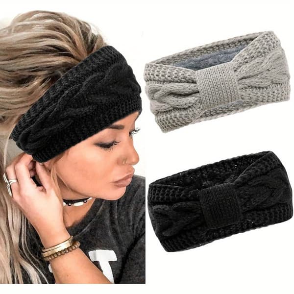2-pak dame vinterpandebånd med pelsede ørevarmere - bløde, elastiske polyester hårbånd til koldt vejr, One Size passer de fleste, [DB] Bowknot-2