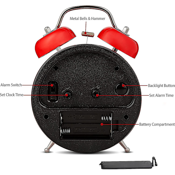 Analog väckarklocka Extra Hög Dubbla Klockor Retro Vit Tyst Icke-tickande Kvarts Batteridriven Med Bakgrundsbelysning, Dekorativ Sängbord [DB]