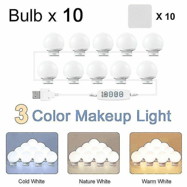 Uk Story Hollywood Spejl Usb Makeup Med Lys Lighted 10 Pærer 3 Lystilstande (kun Lys) [DB]