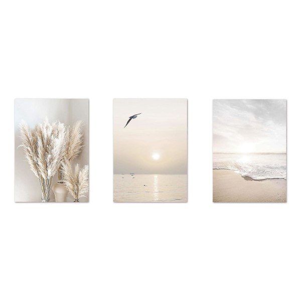 3 kpl Beige ruoho Sunset Beach Palm Tree Canvas maalaus pohjoismaisia ​​julisteita ja tulosteita seinäkuvia