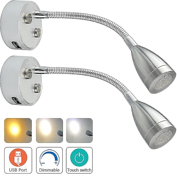 12v-24v LED-lukuvalo, himmennettävä asuntoauton lukulamppu USB-laturilla, asuntovaunun matkailuautoon perävaunuun asuntoauton sängyn viereen, 2 kpl - musta Db silver
