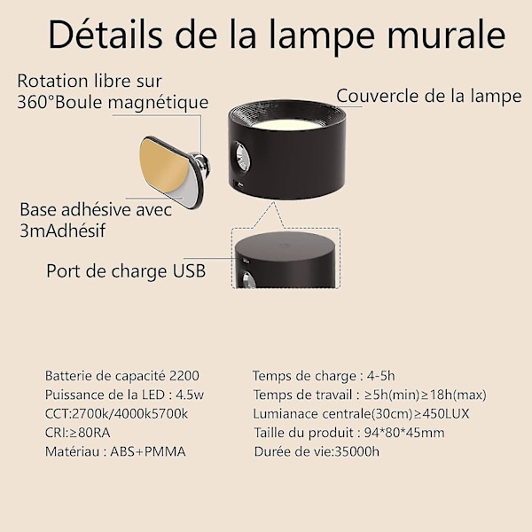 Indendørs væglampe, Touch Led væglampe med USB opladningsport Touch Control, 3 lysstyrke niveauer 3 temperaturer 360 roterbar natlampe [DB]