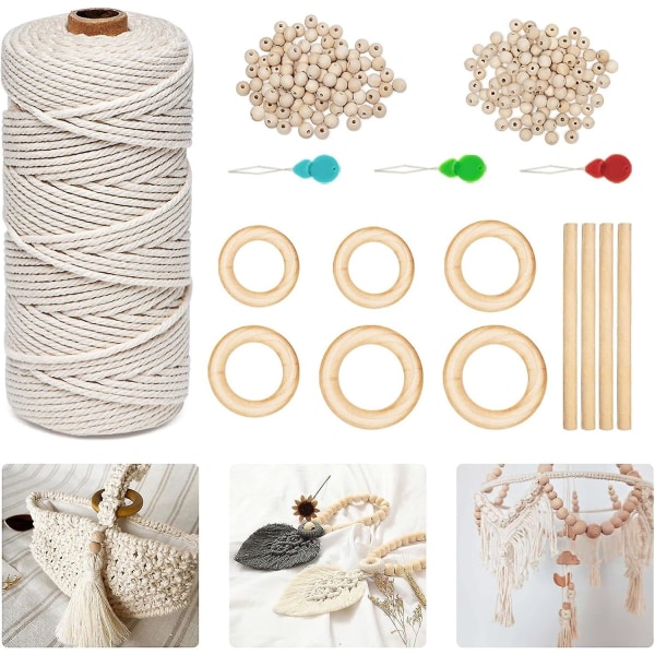 Macrame- set för nybörjare: garn, träpinnar, pärlor och ringar