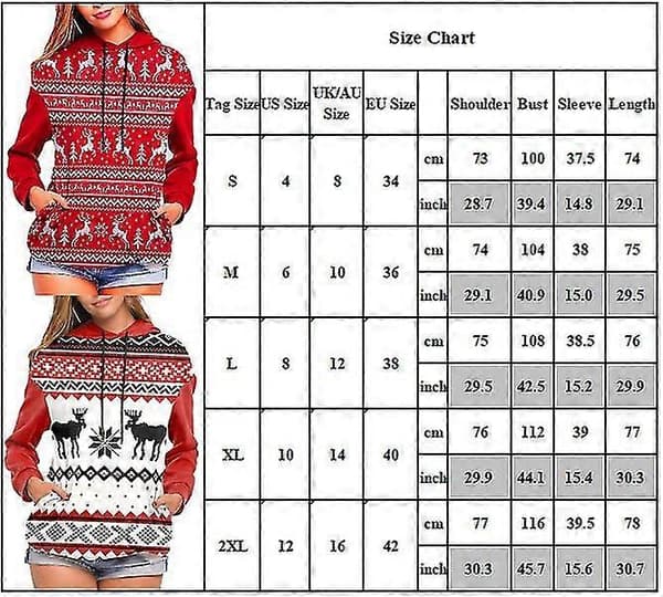 Jule-elg print hættetrøje til kvinder med hætte sweatshirt jumper pullover top[DB] White L