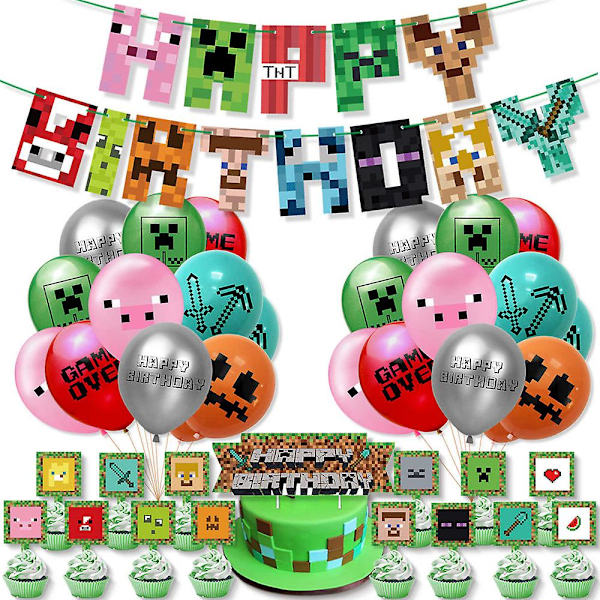 Minecraft-tema bursdagsfestutstyr Dekorasjoner Ballonger Banner Kakepynt Sett {DB}