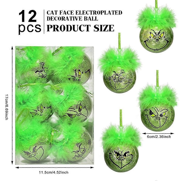 12 kpl Grinch-koristepalloja joulukuusen ripustamiseen - Vihreä elf pörröisellä hiuksella {DB} 12pcs