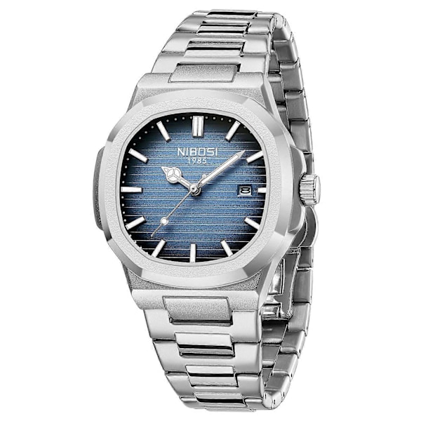 NIBOSI 2632 Stilig Herre Armbåndsur Stållenke Lysende Kalender Quartz Klokke [DB] Multicolor Silver Strap/Blue Dial