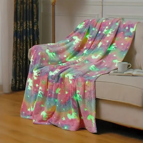 1 stk regnbuefarget enhjørning trykt teppe, flanell teppe, mykt teppe for sofa seng kontor, flerbruks (127*152cm) [DB]