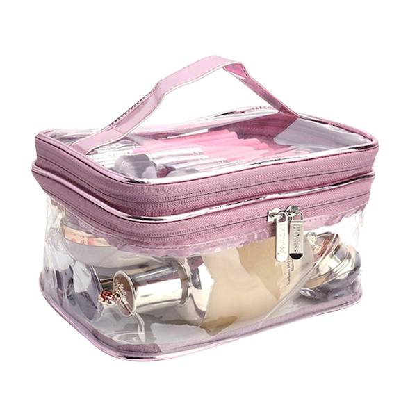 Transparent PVC Makeup Taske Bærbar Vandtæt Toilettaske Stor Kapacitet Lynlås Kosmetik Taske DB Rose Pink Double Layer