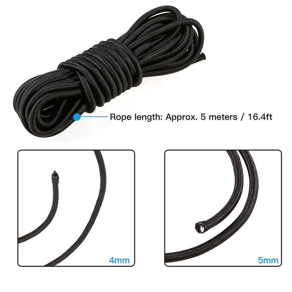 5 Meter 4mm / 5mm Kajakbåds Elastisk Bungee-Snøre {db} Black 5mm